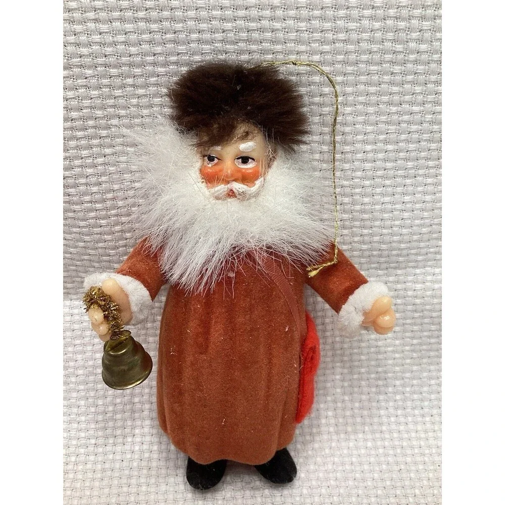 Flocked Plastic Old World Santa Christmas Ornament With Fur Hat & Bell 5”